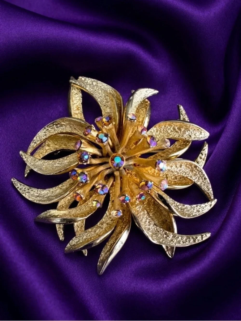 Vintage Signed François for Coro 3D Gold Flower Brooch AB Rhinestones Pristine
